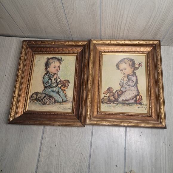 Vtg Ornate Gold Framed Boy & Girl Praying Prints Framed Art Nursery Room Decor - Picture 4 of 10